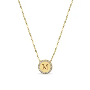 14k Small Engraved Initial & Diamond Halo Disc Necklace