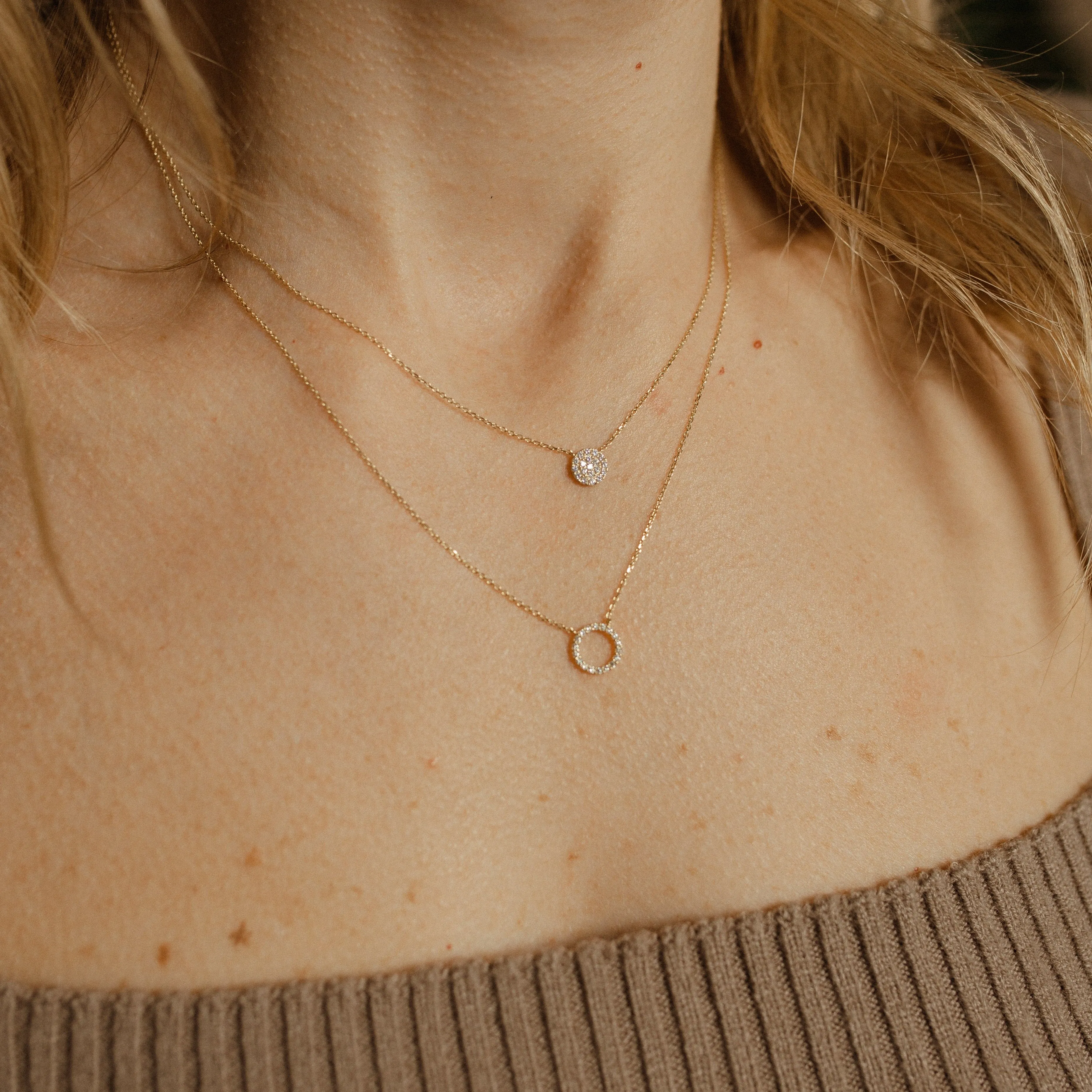14k Solid Gold CZ Circle Cutout Necklace