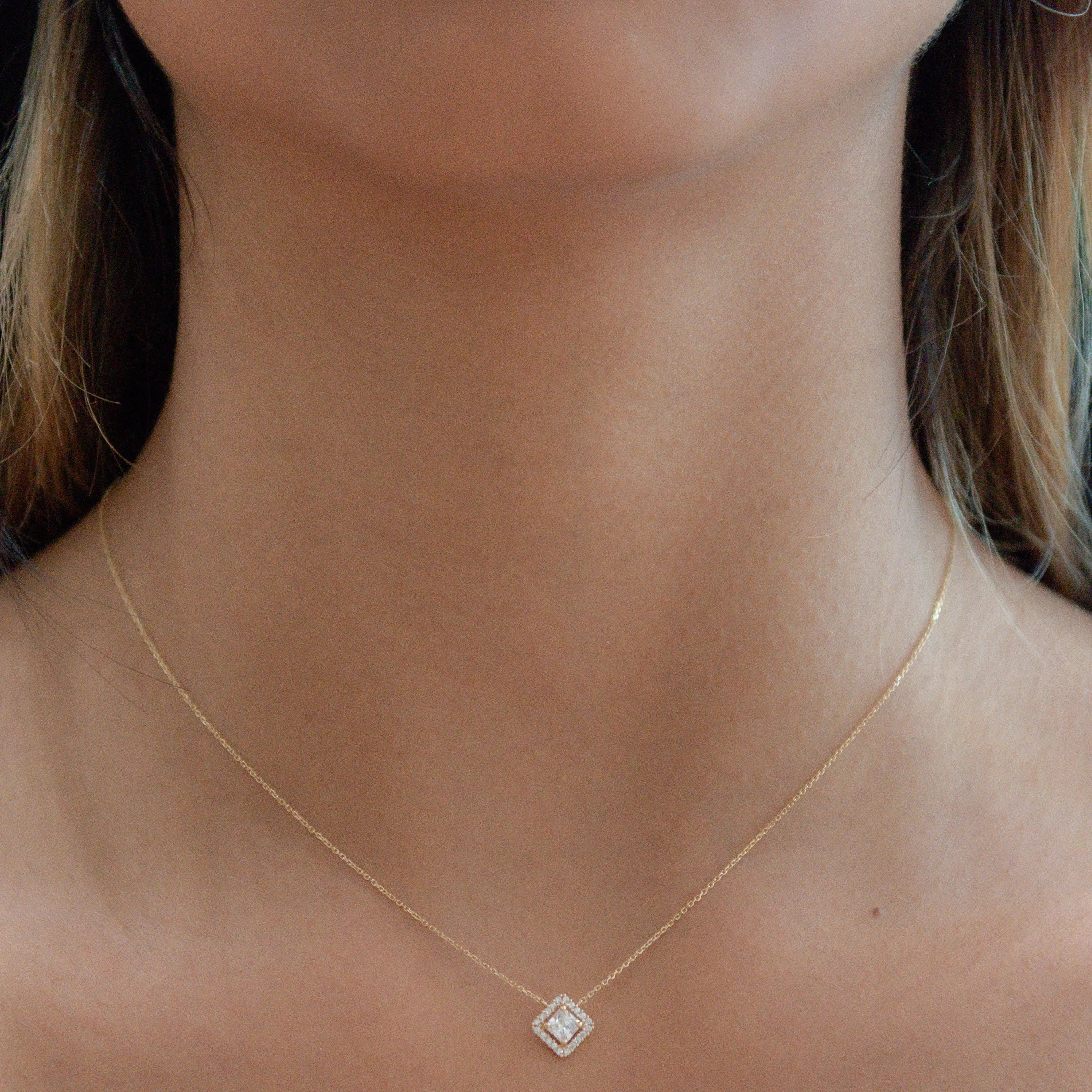 14k Solid Gold CZ Princess Cut Halo Necklace