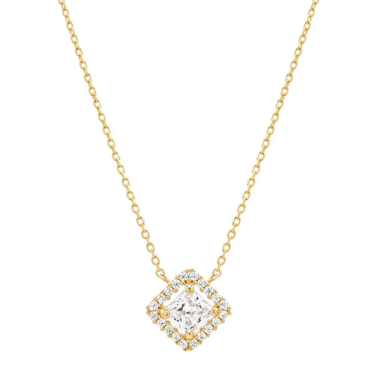 14k Solid Gold CZ Princess Cut Halo Necklace