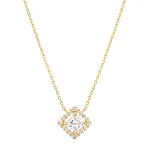14k Solid Gold CZ Princess Cut Halo Necklace