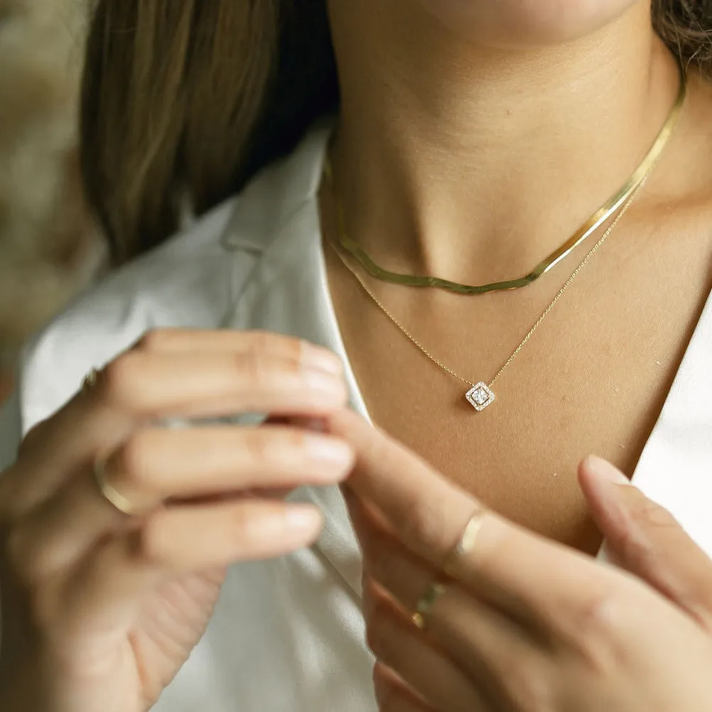 14k Solid Gold CZ Princess Cut Halo Necklace