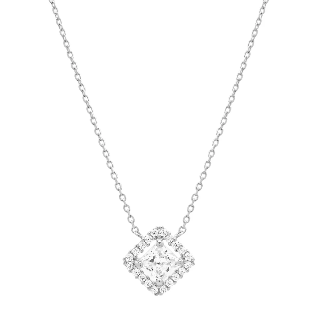 14k Solid Gold CZ Princess Cut Halo Necklace