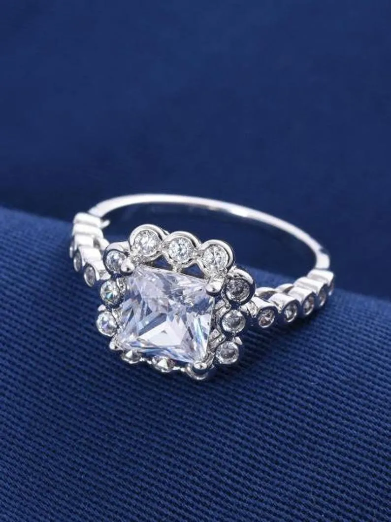 14k Solid White Gold Square Diamond Ring/ Moissanite Engagement Ring/ Art Deco Princess Cut ring, Halo Unique Wedding Ring jewelry