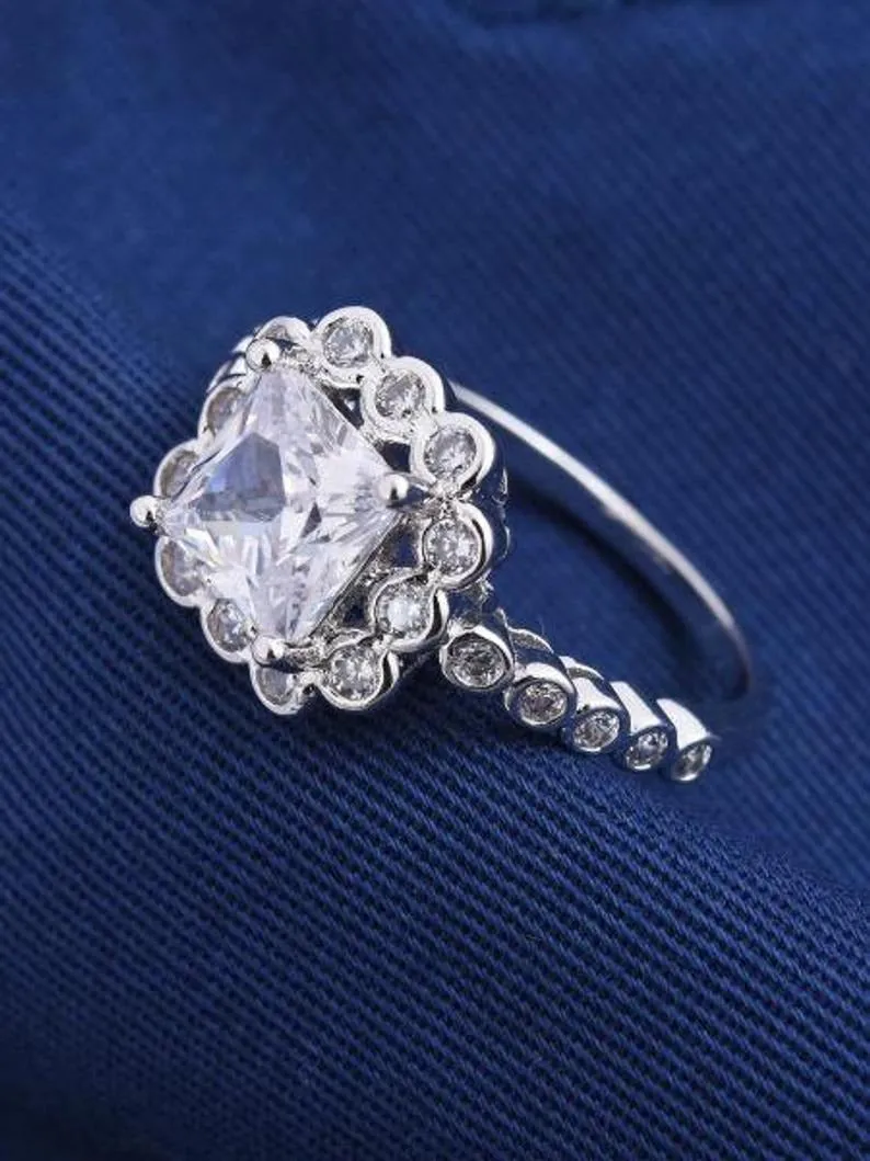 14k Solid White Gold Square Diamond Ring/ Moissanite Engagement Ring/ Art Deco Princess Cut ring, Halo Unique Wedding Ring jewelry
