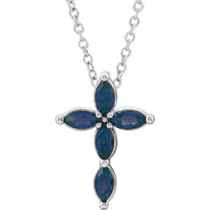 14K White Blue Sapphire Cross Necklace