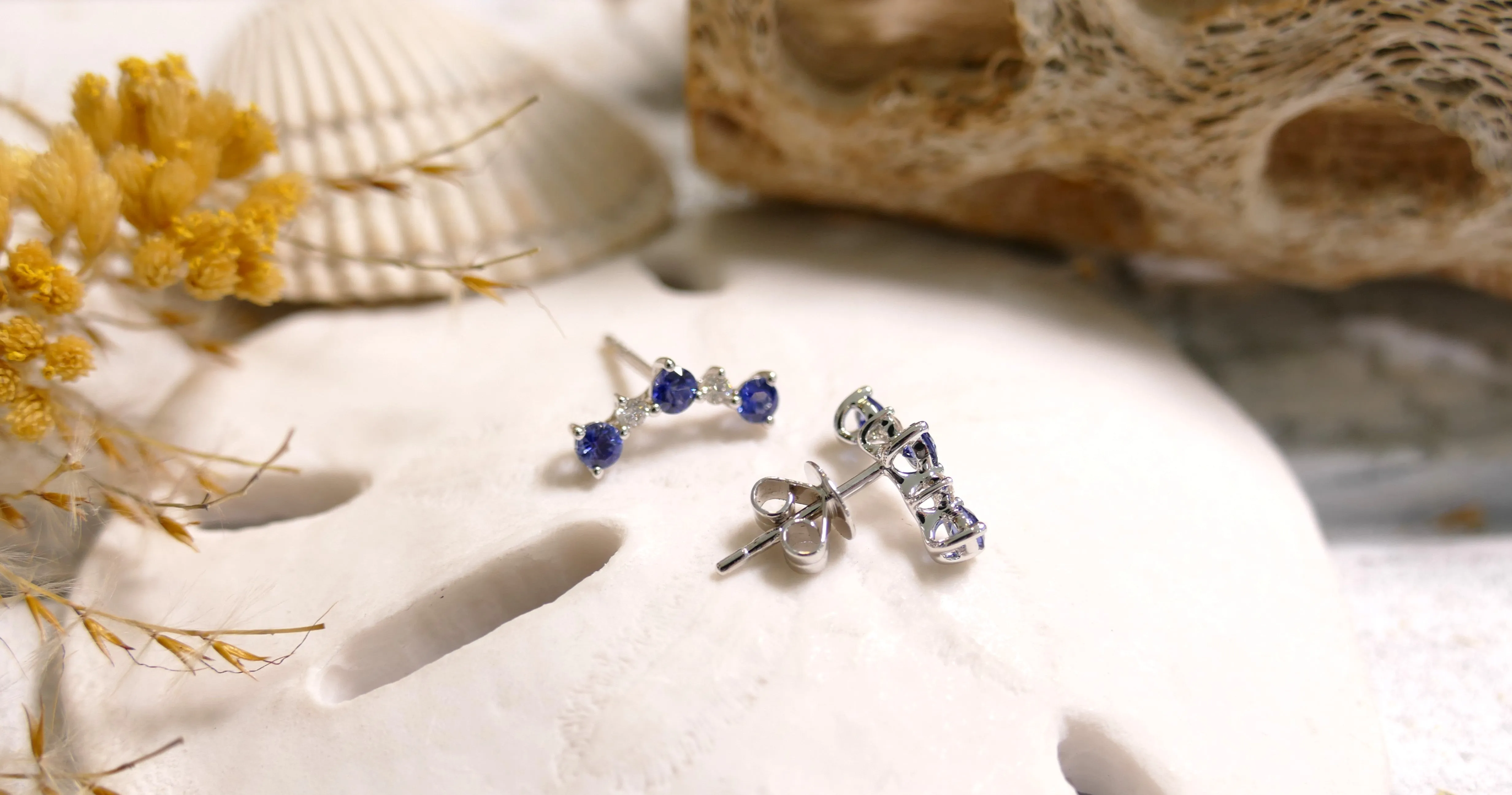 14k White Gold 0.09ct Diamond Sapphire Stud Earrings