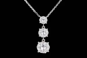 14K White Gold 0.50 Carat Total Weight Round Diamond Graduated Three Stone Halo Pendant Necklace