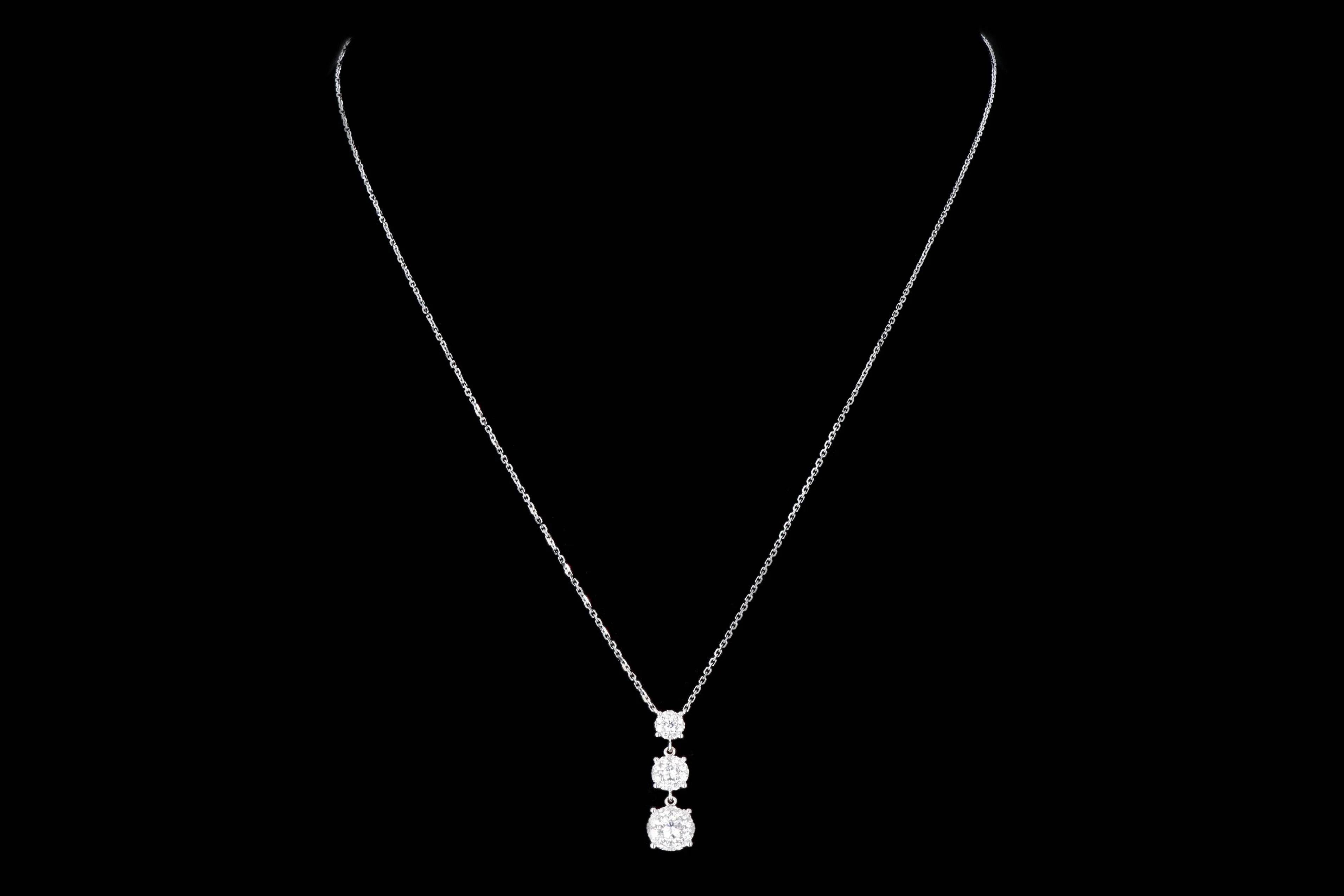 14K White Gold 0.50 Carat Total Weight Round Diamond Graduated Three Stone Halo Pendant Necklace