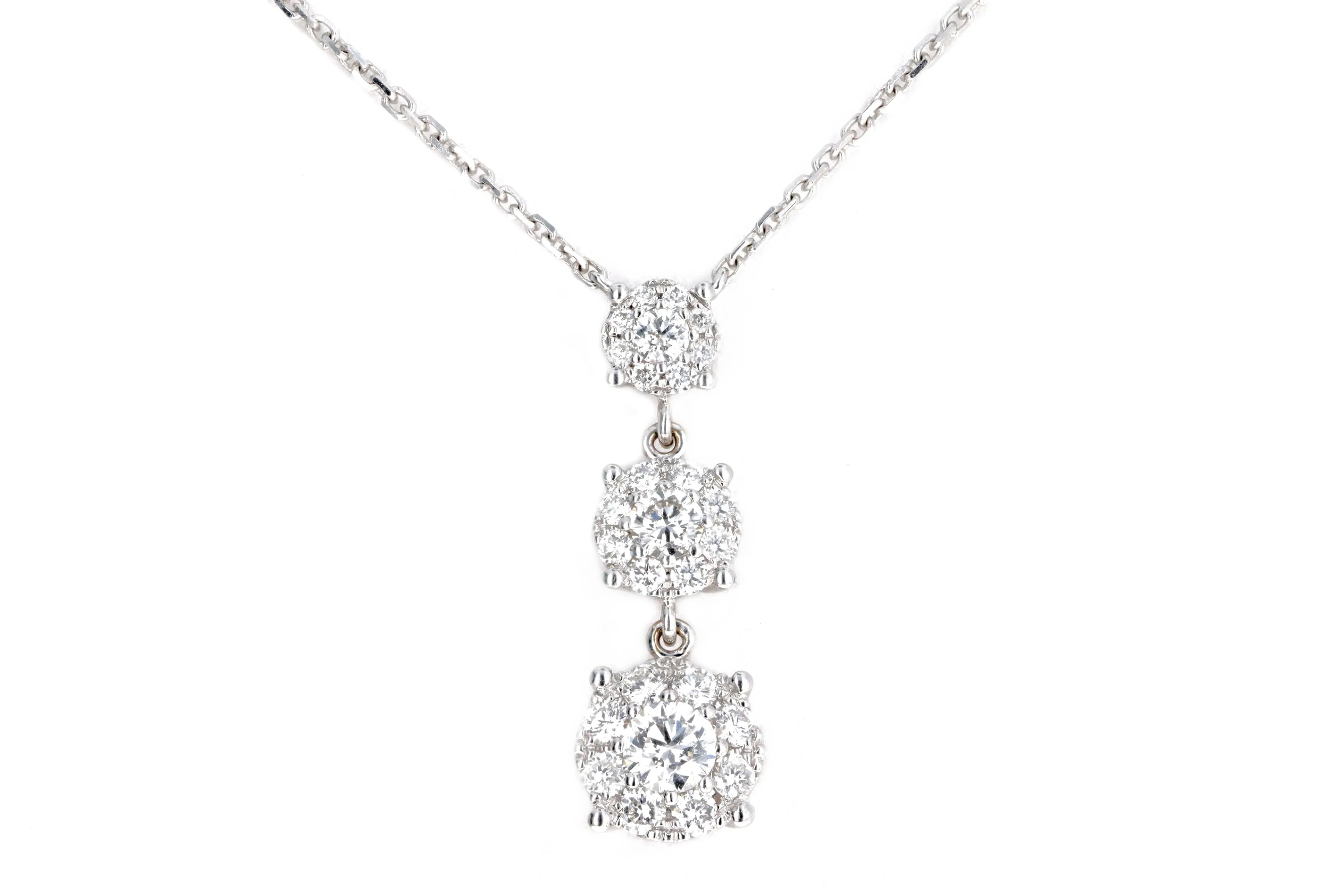 14K White Gold 0.50 Carat Total Weight Round Diamond Graduated Three Stone Halo Pendant Necklace