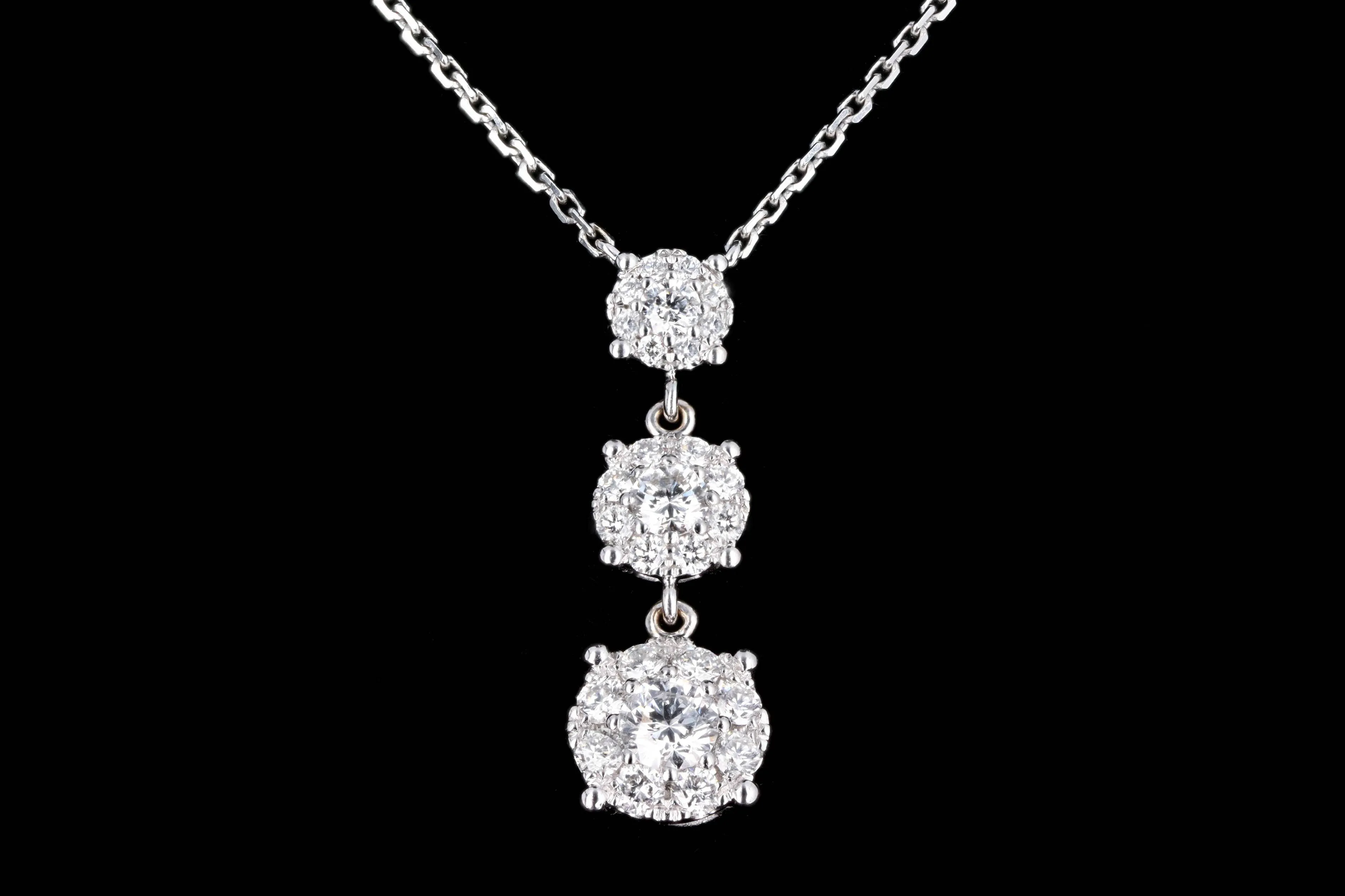 14K White Gold 0.50 Carat Total Weight Round Diamond Graduated Three Stone Halo Pendant Necklace