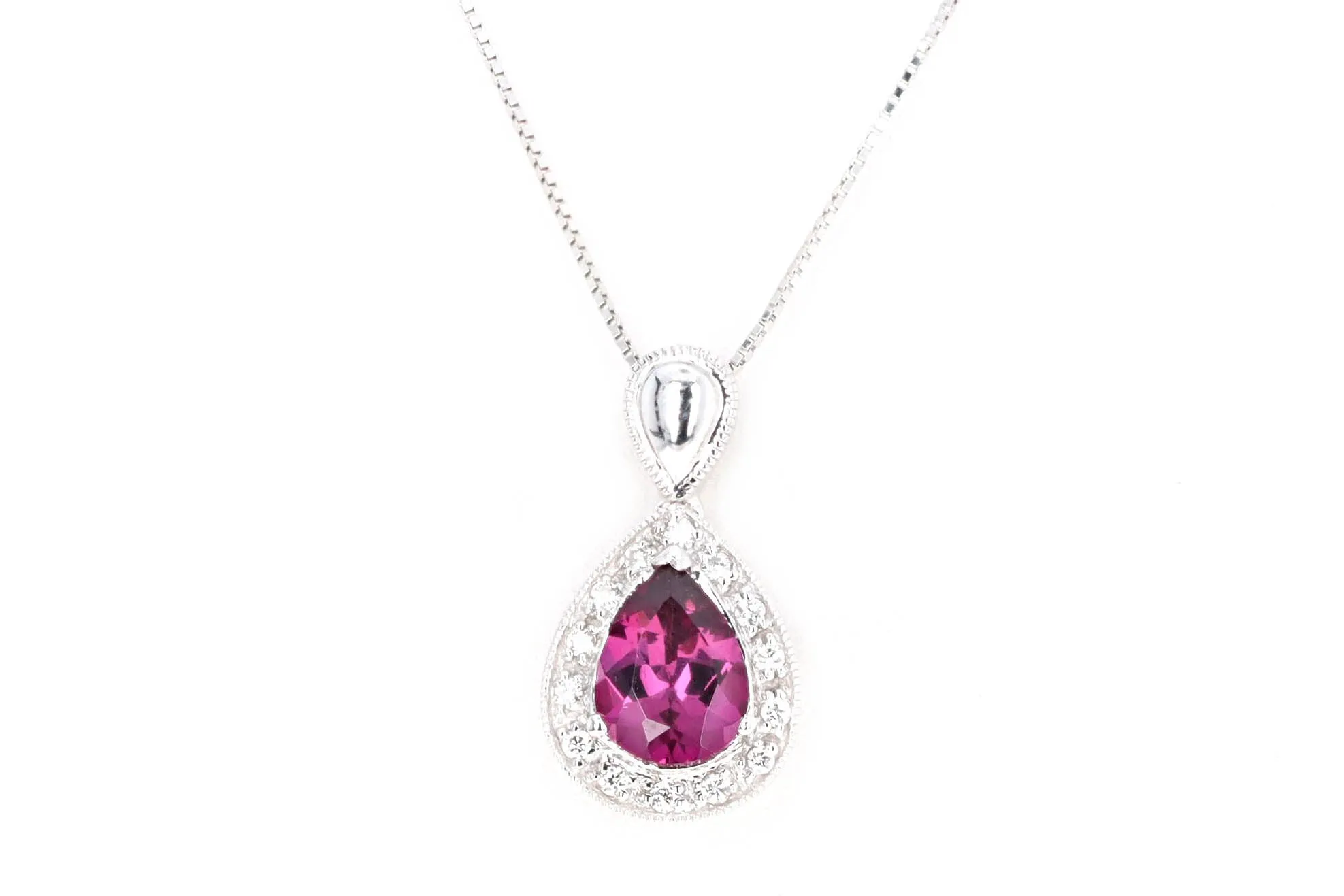 14K White Gold 1 Carat Pear Rubellite Tourmaline & Diamond Halo Pendant Necklace