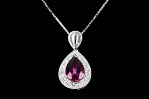 14K White Gold 1 Carat Pear Rubellite Tourmaline & Diamond Halo Pendant Necklace