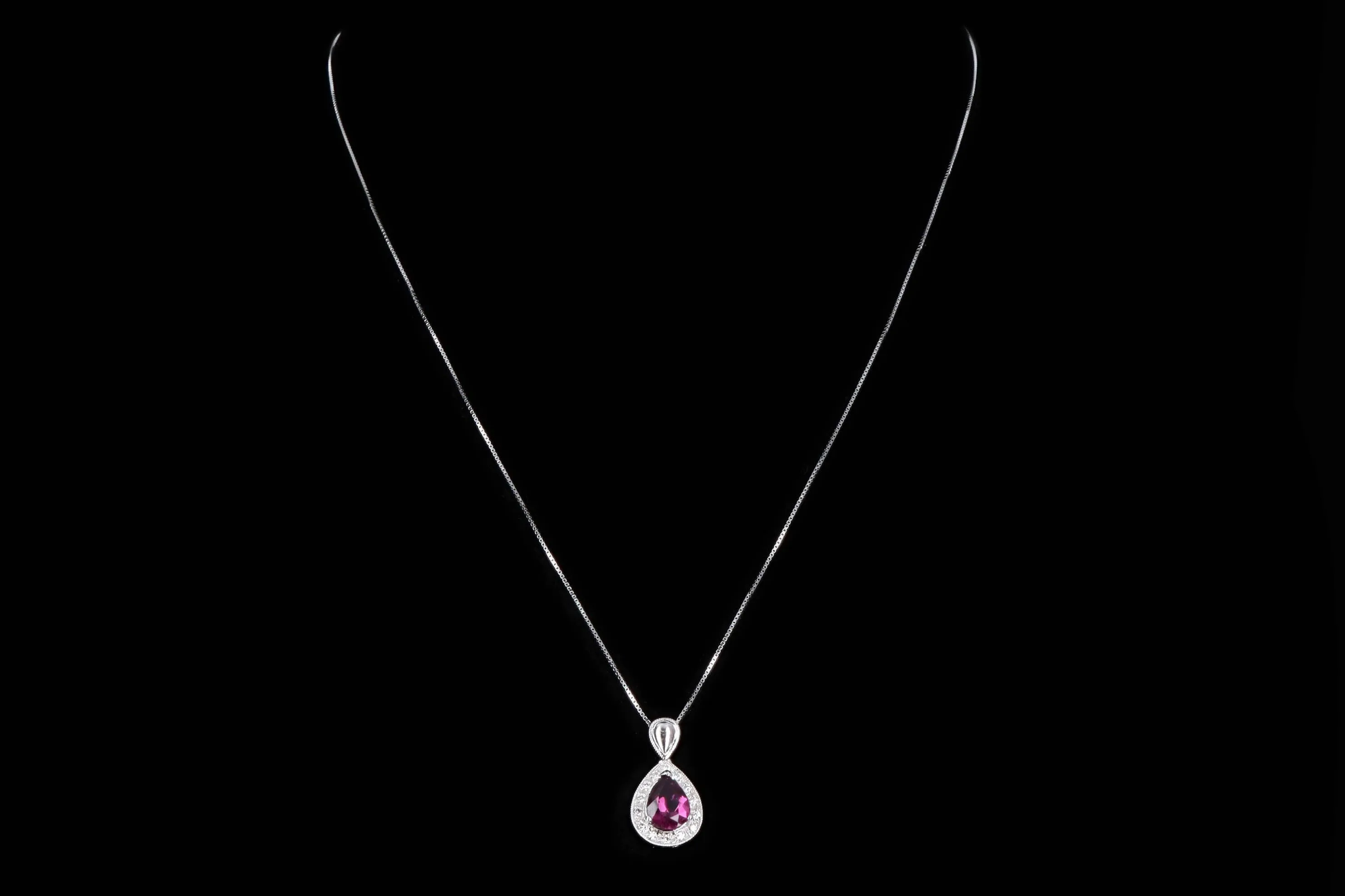 14K White Gold 1 Carat Pear Rubellite Tourmaline & Diamond Halo Pendant Necklace