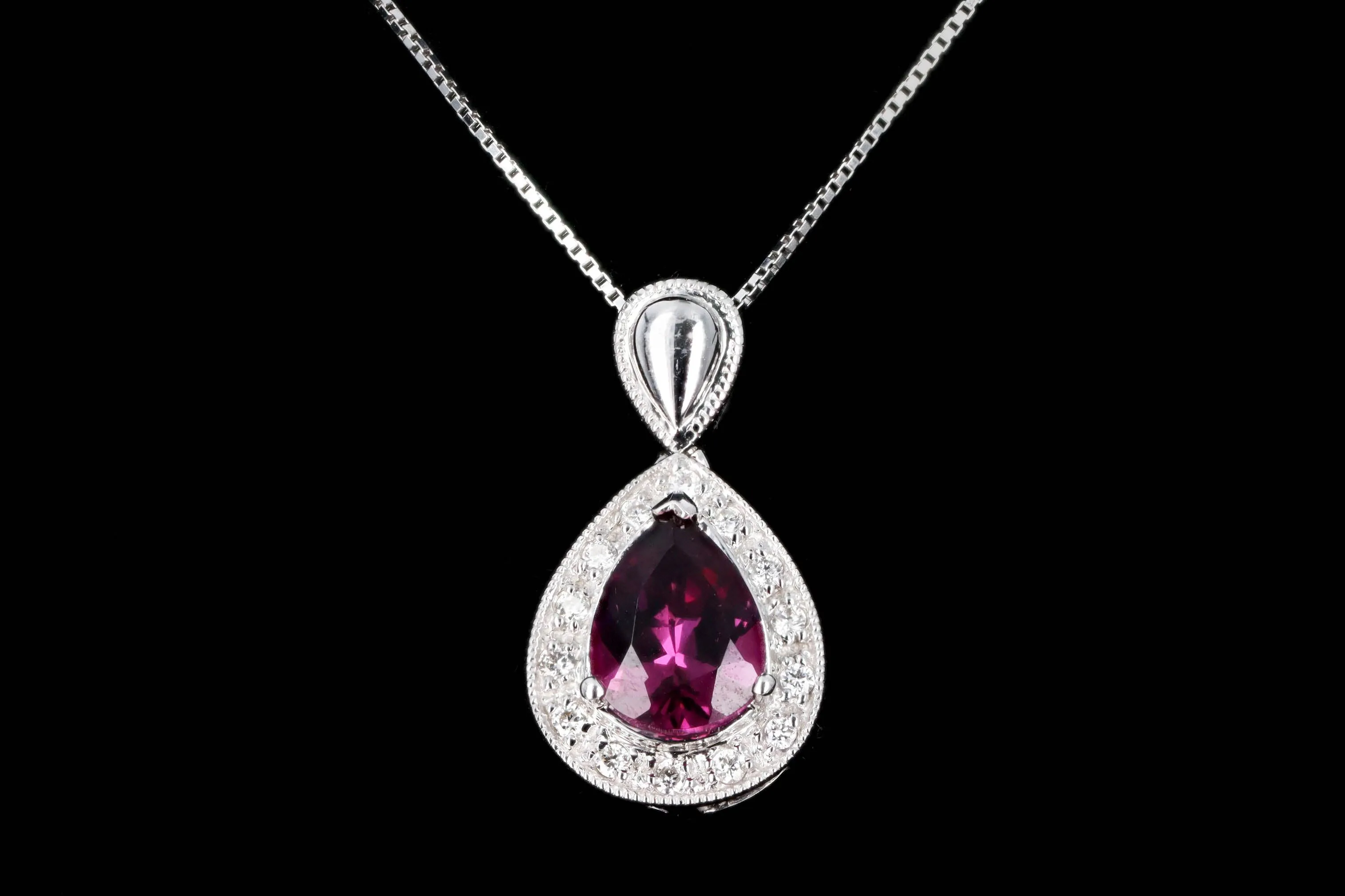 14K White Gold 1 Carat Pear Rubellite Tourmaline & Diamond Halo Pendant Necklace