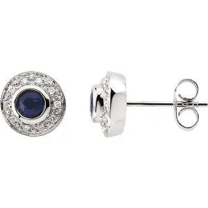 14k White Gold 3.5mm Round Sapphire & 1/10 CTW Diamond Earrings