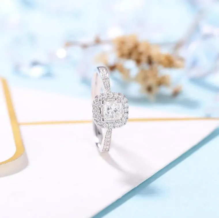 14k White Gold 4mm Princess Cut Diamond Halo Engagement Ring