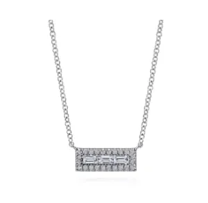 14K White Gold Baguette and Round Diamond Rectangle Pendant Necklace
