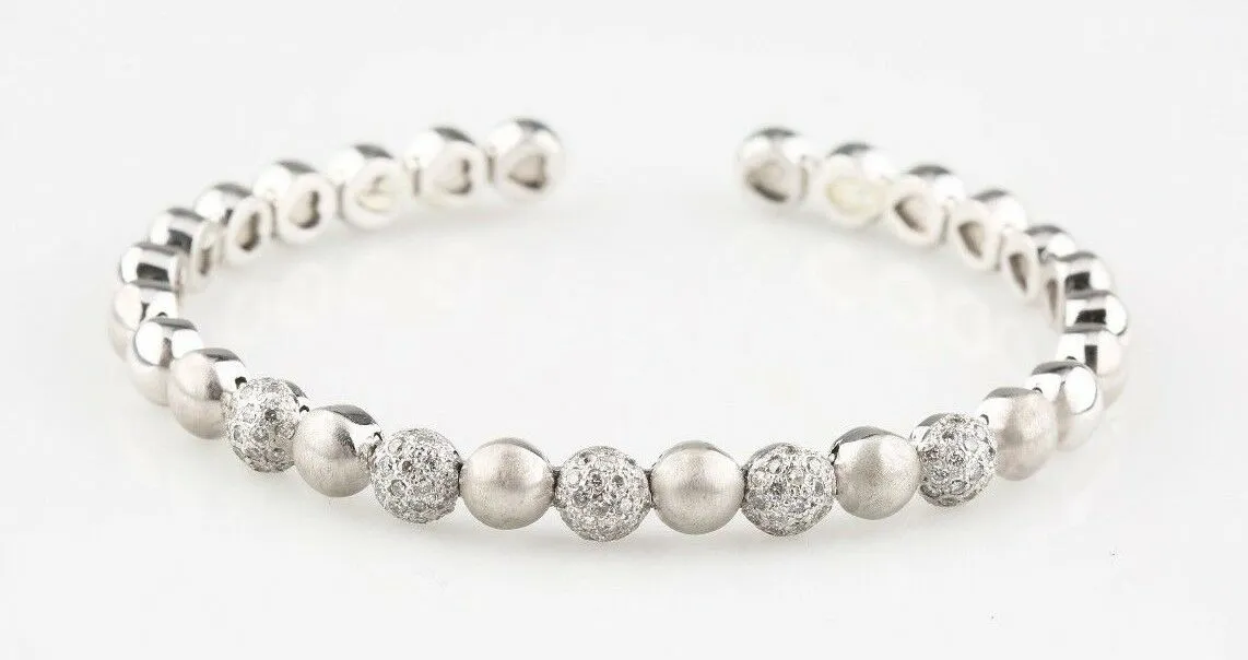 14k White Gold Brushed Dome & Pavé Diamond Cuff Bracelet TDW = 1.5 ct
