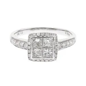 14k White Gold Princess and Round Cut Diamond Ring, 1.08ctw