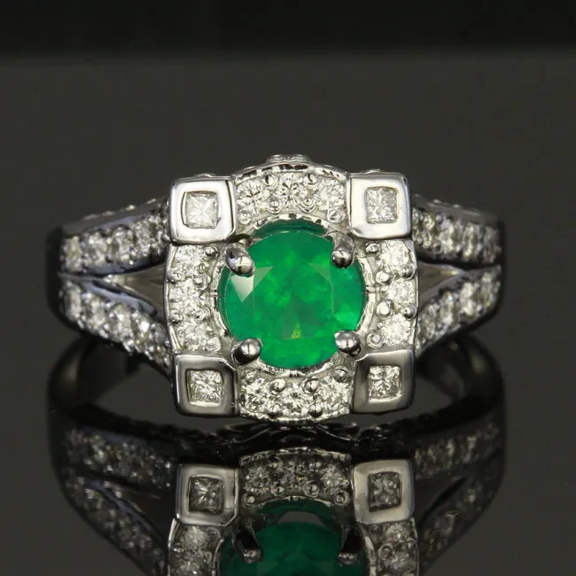 14K White Gold Round Cut Emerald Ring with 1.01 Carats of Fine Diamonds Designed by Christopher Michael