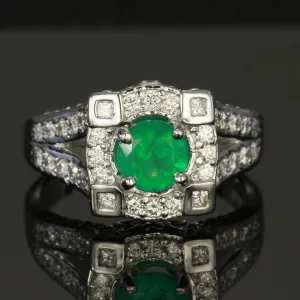 14K White Gold Round Cut Emerald Ring with 1.01 Carats of Fine Diamonds Designed by Christopher Michael