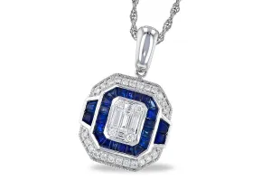 14K White Gold Sapphire and Diamond Halo Pendant with milgrain details.