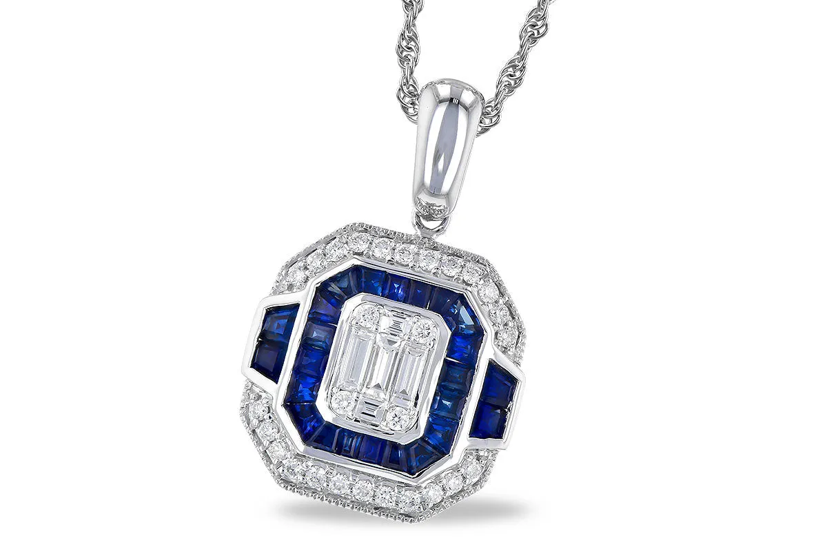 14K White Gold Sapphire and Diamond Halo Pendant with milgrain details.