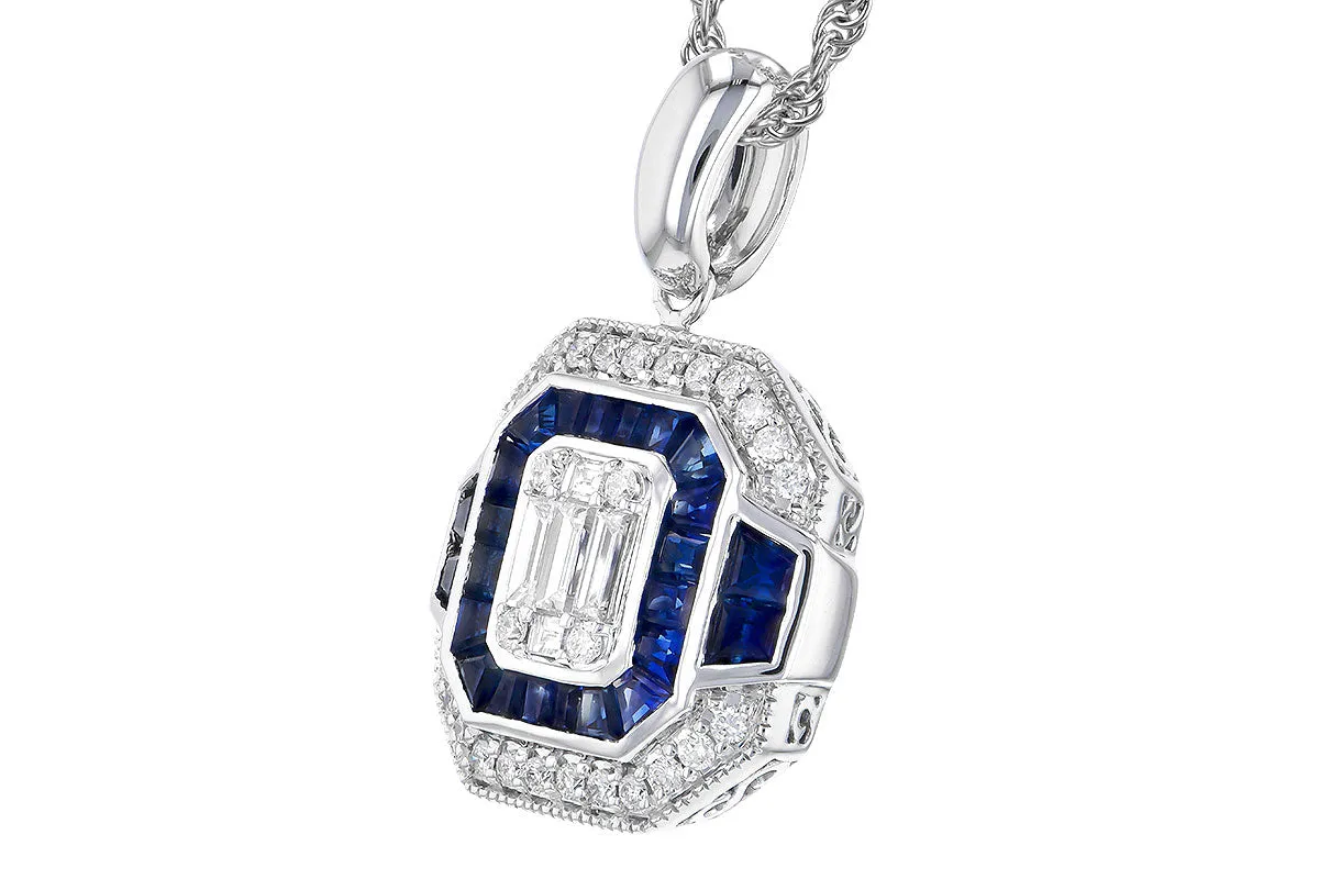 14K White Gold Sapphire and Diamond Halo Pendant with milgrain details.