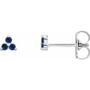 14K White Natural Blue Sapphire Three Stone Earrings