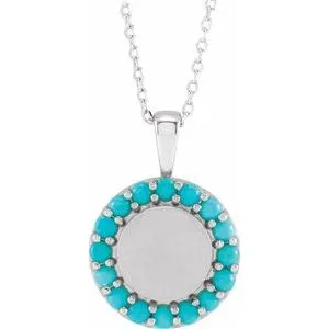14K White Natural Turquoise Engravable Halo-Style 16-18" Necklace