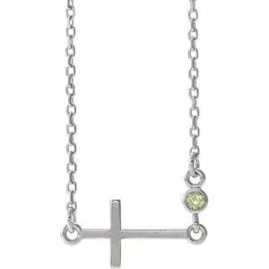 14K White Peridot Sideways Accented Cross 16-18" Necklace