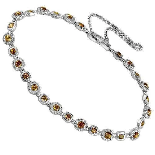 14K White Solid Gold Womens Diamond Bracelet with Orange Yellow Diamonds 3.25 Ctw