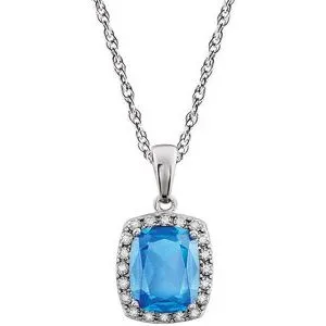 14K White Swiss Blue Topaz & .05 CTW Diamond 18" Necklace