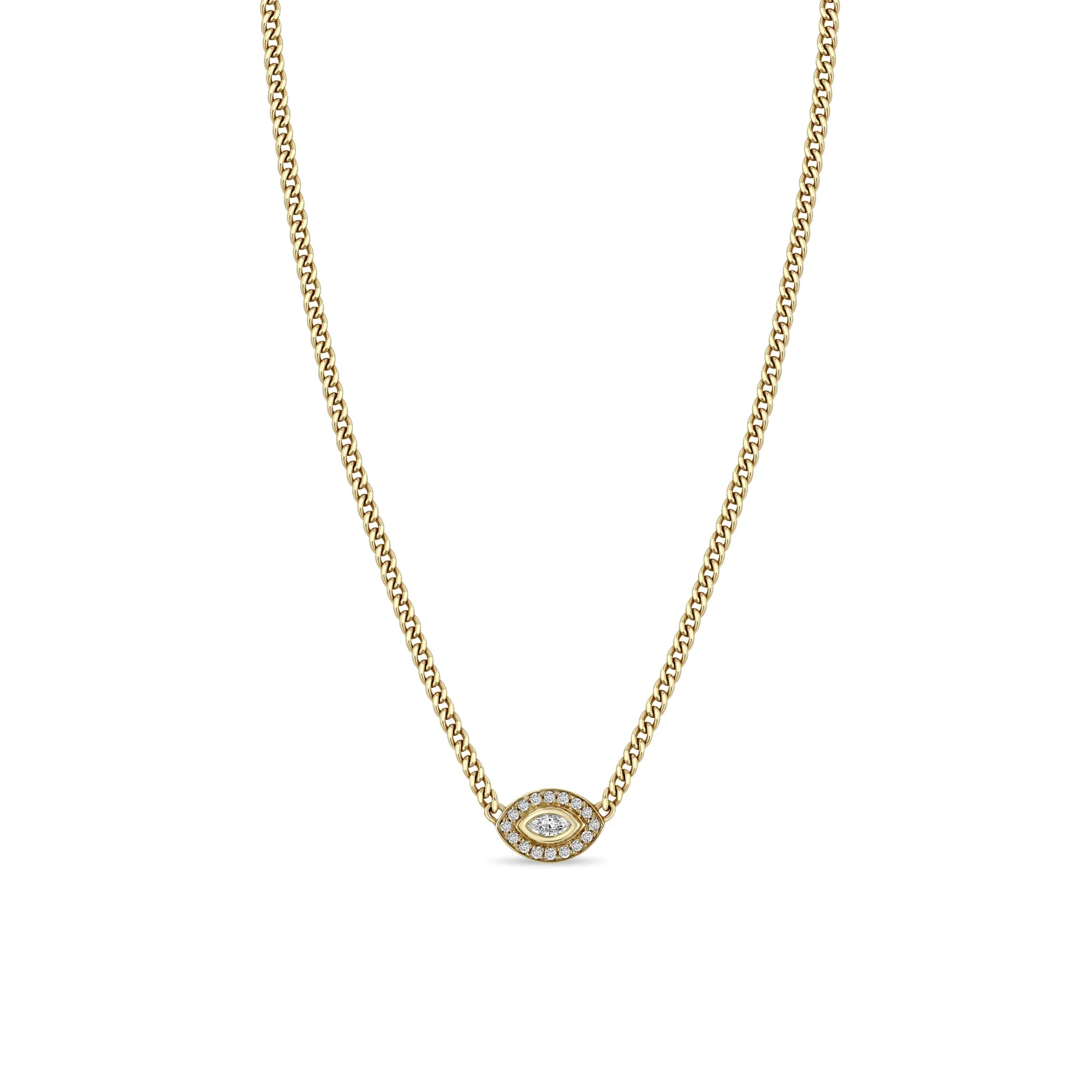 14k XS Curb Chain Marquise Diamond Halo Necklace