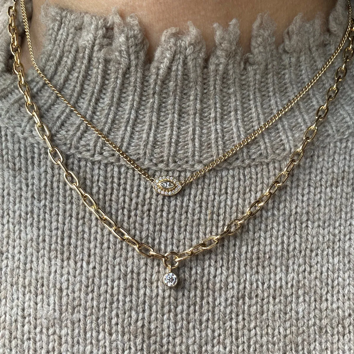 14k XS Curb Chain Marquise Diamond Halo Necklace