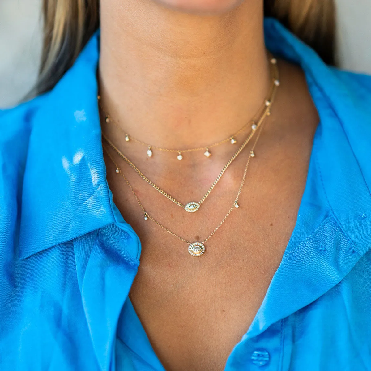 14k XS Curb Chain Marquise Diamond Halo Necklace