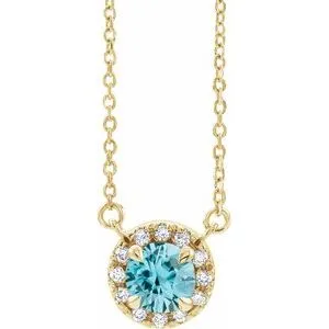 14K Yellow 4 mm Natural Blue Zircon & .05 CTW Natural Diamond 18" Necklace