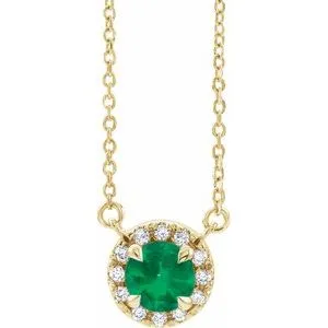 14K Yellow 5.5 mm Natural Emerald 1/10 CTW Natural Diamond 16" Necklace