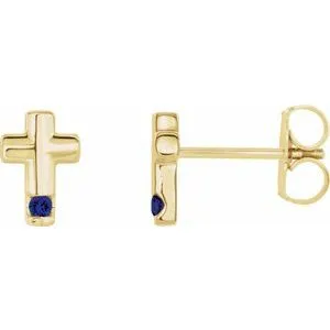 14K Yellow Blue Sapphire Cross Earrings