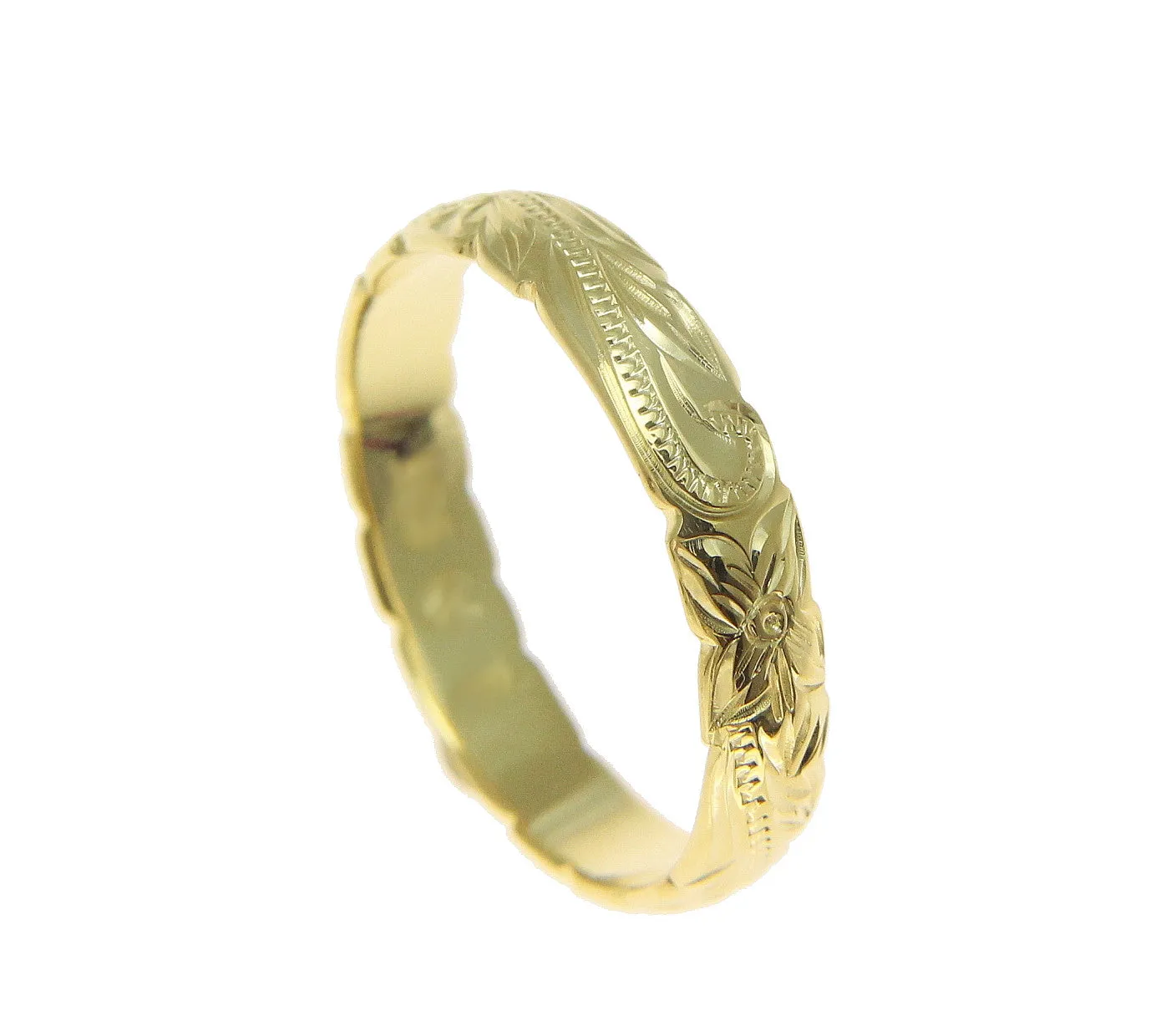 14K YELLOW GOLD CUSTOM HAND ENGRAVED HAWAIIAN PRINCESS PLUMERIA SCROLL CUT OUT EDGE BAND RING 4MM