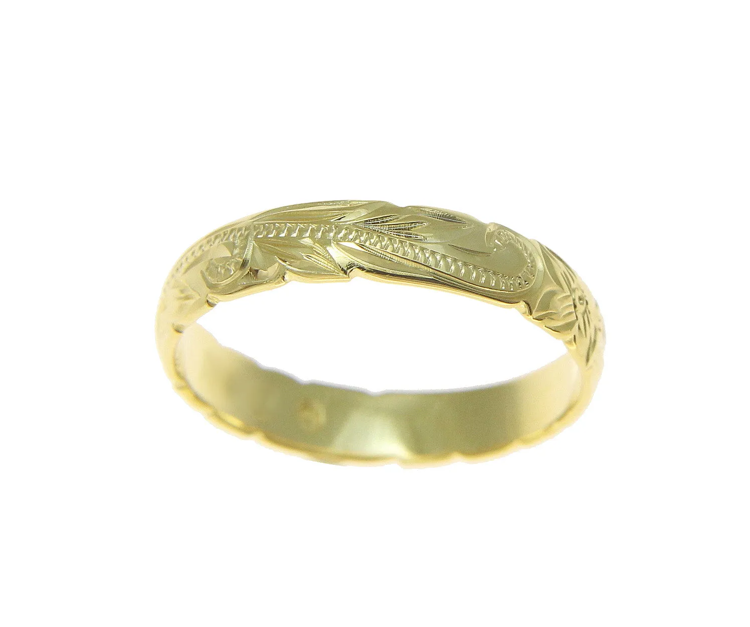 14K YELLOW GOLD CUSTOM HAND ENGRAVED HAWAIIAN PRINCESS PLUMERIA SCROLL CUT OUT EDGE BAND RING 4MM