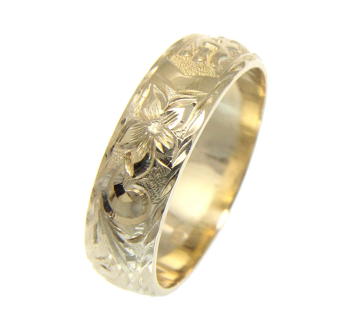 14K YELLOW GOLD CUSTOM MADE HAWAIIAN PLUMERIA SCROLL RING RAISED LETTER 6MM