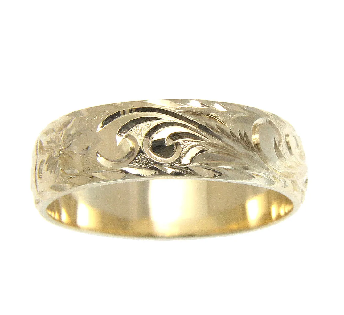14K YELLOW GOLD CUSTOM MADE HAWAIIAN PLUMERIA SCROLL RING RAISED LETTER 6MM