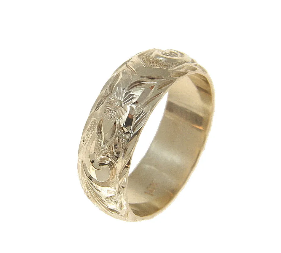 14K YELLOW GOLD CUSTOM MADE HAWAIIAN PLUMERIA SCROLL RING RAISED LETTER 6MM