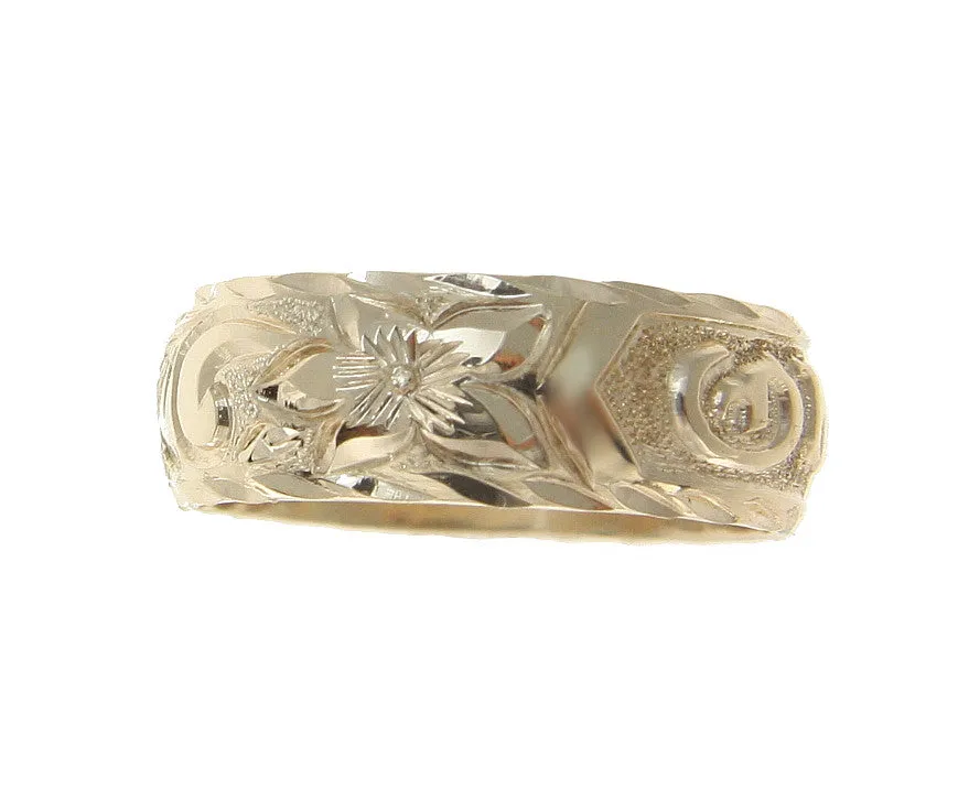 14K YELLOW GOLD CUSTOM MADE HAWAIIAN PLUMERIA SCROLL RING RAISED LETTER 6MM