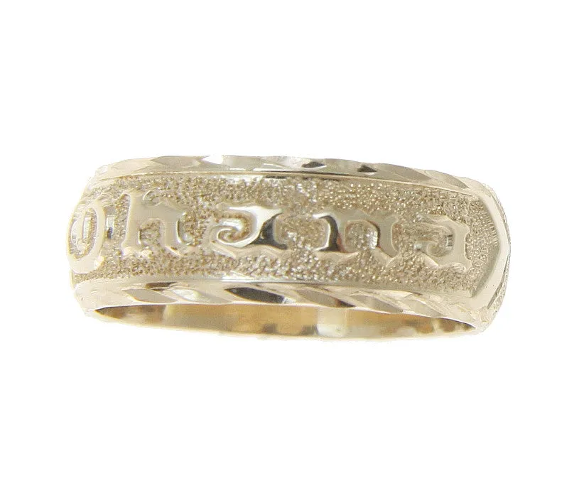 14K YELLOW GOLD CUSTOM MADE HAWAIIAN PLUMERIA SCROLL RING RAISED LETTER 6MM