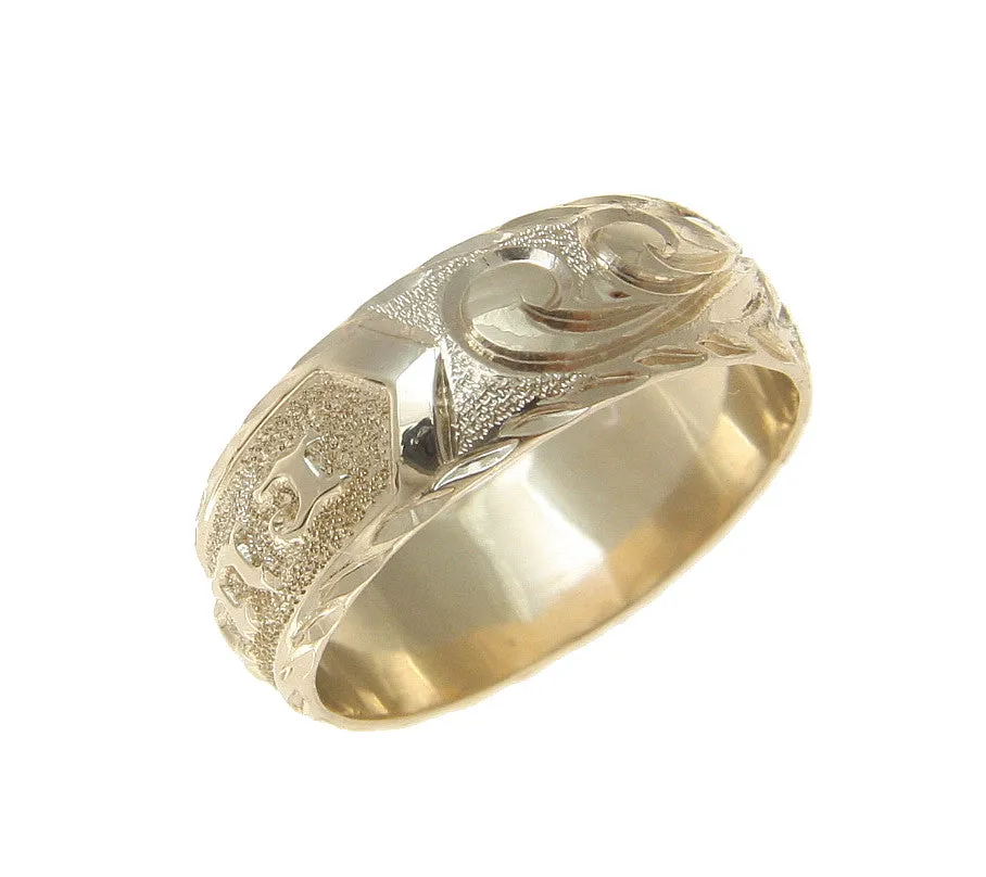 14K YELLOW GOLD CUSTOM MADE HAWAIIAN PLUMERIA SCROLL RING RAISED LETTER 6MM