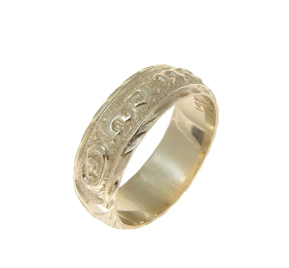 14K YELLOW GOLD CUSTOM MADE HAWAIIAN PLUMERIA SCROLL RING RAISED LETTER 6MM