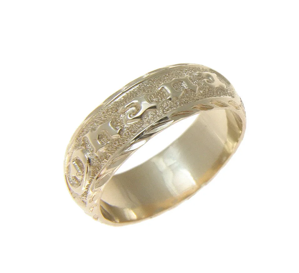 14K YELLOW GOLD CUSTOM MADE HAWAIIAN PLUMERIA SCROLL RING RAISED LETTER 6MM